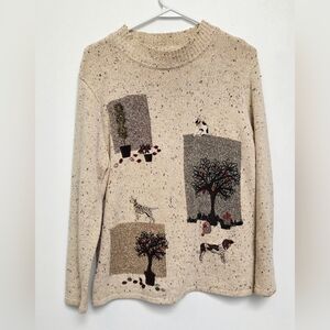 Tanjay Vintage Sz M Cozy Cream Sweater Artistic Novelty  Embroidered  Design